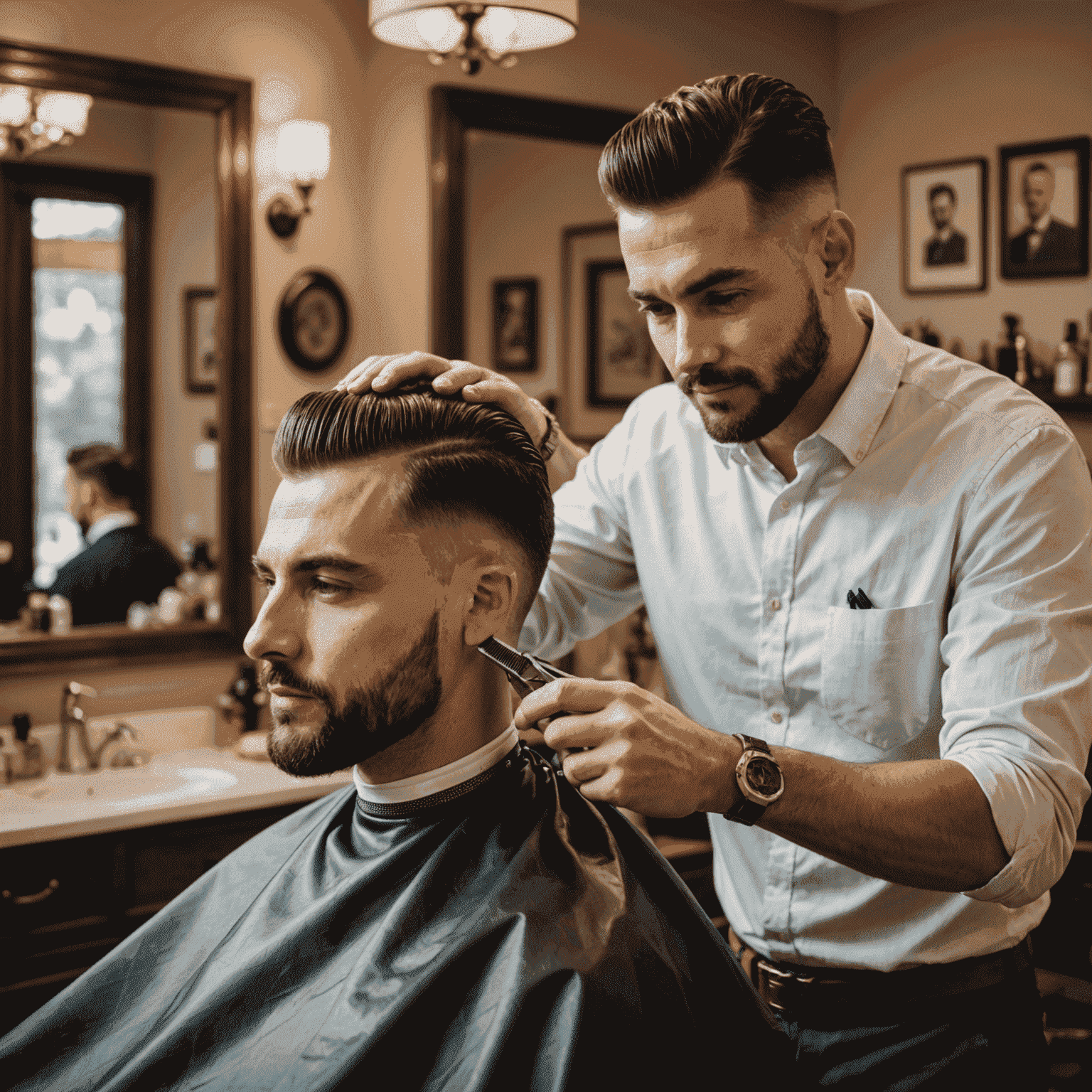 A professional barber giving a stylish haircut to a client in a home setting, with modern grooming equipment visible