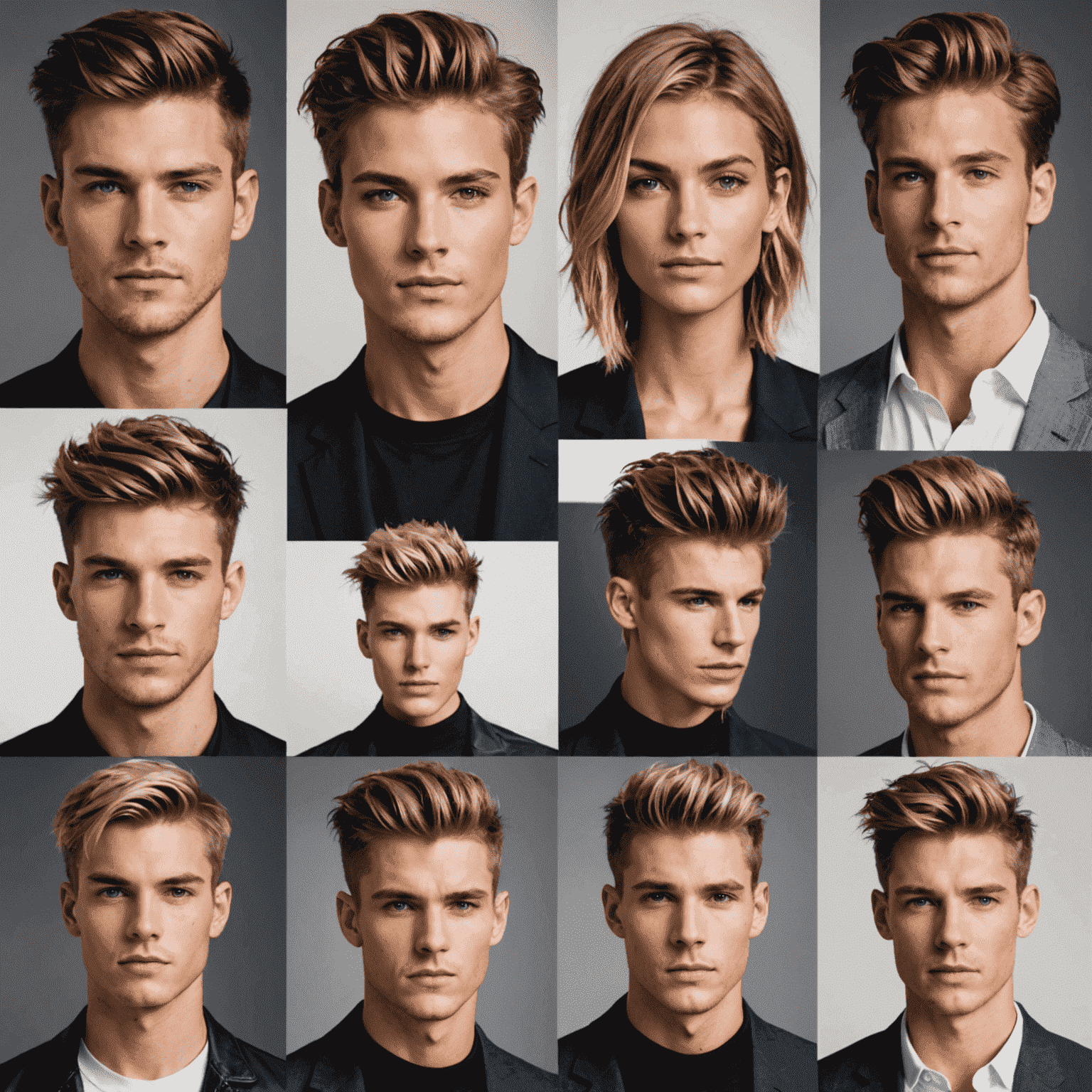 Collage of trendy hairstyles for men and women, showcasing various lengths and textures suitable for at-home cutting