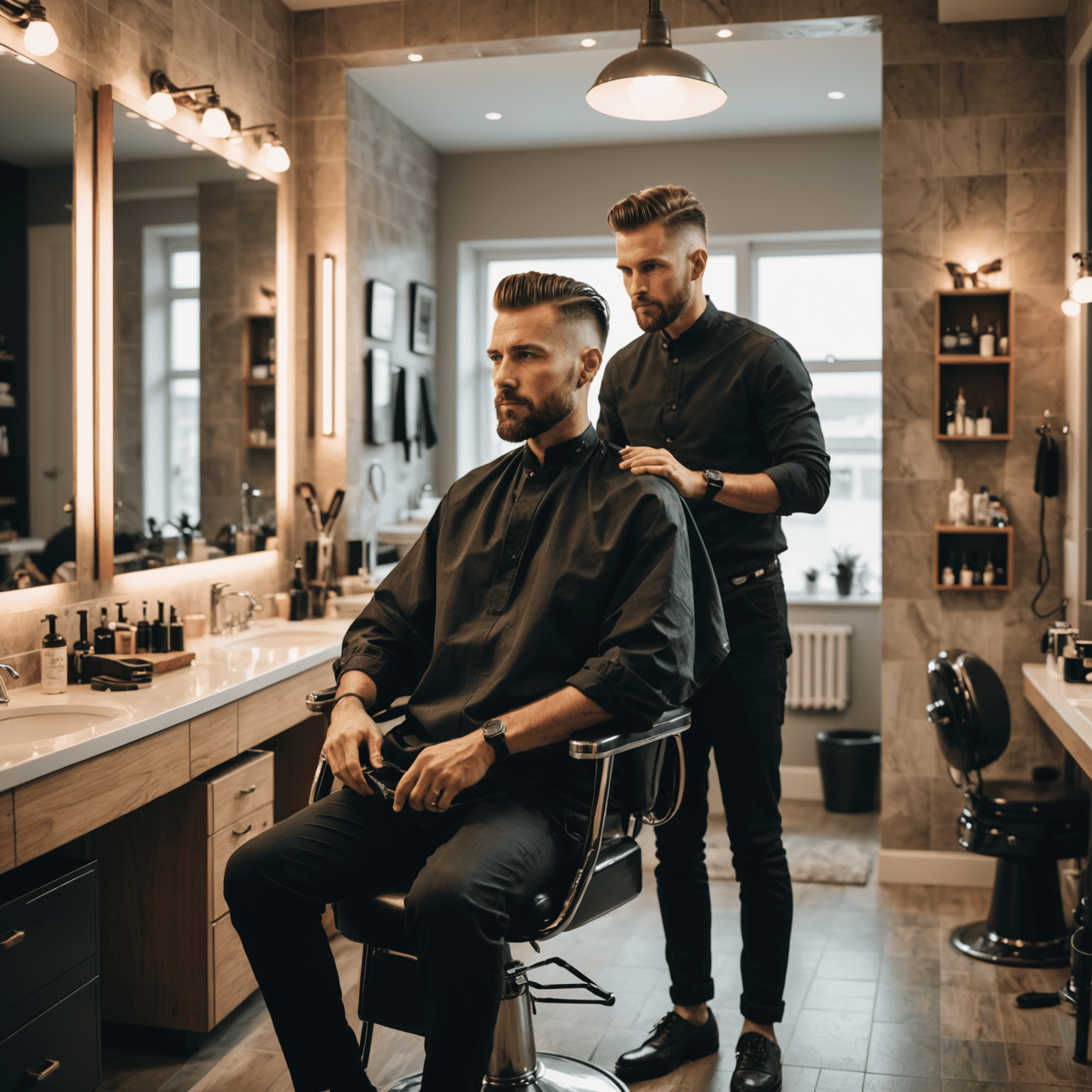 A stylish man performing a self-haircut at home with professional barber tools, standing in front of a large mirror in a well-lit, modern bathroom