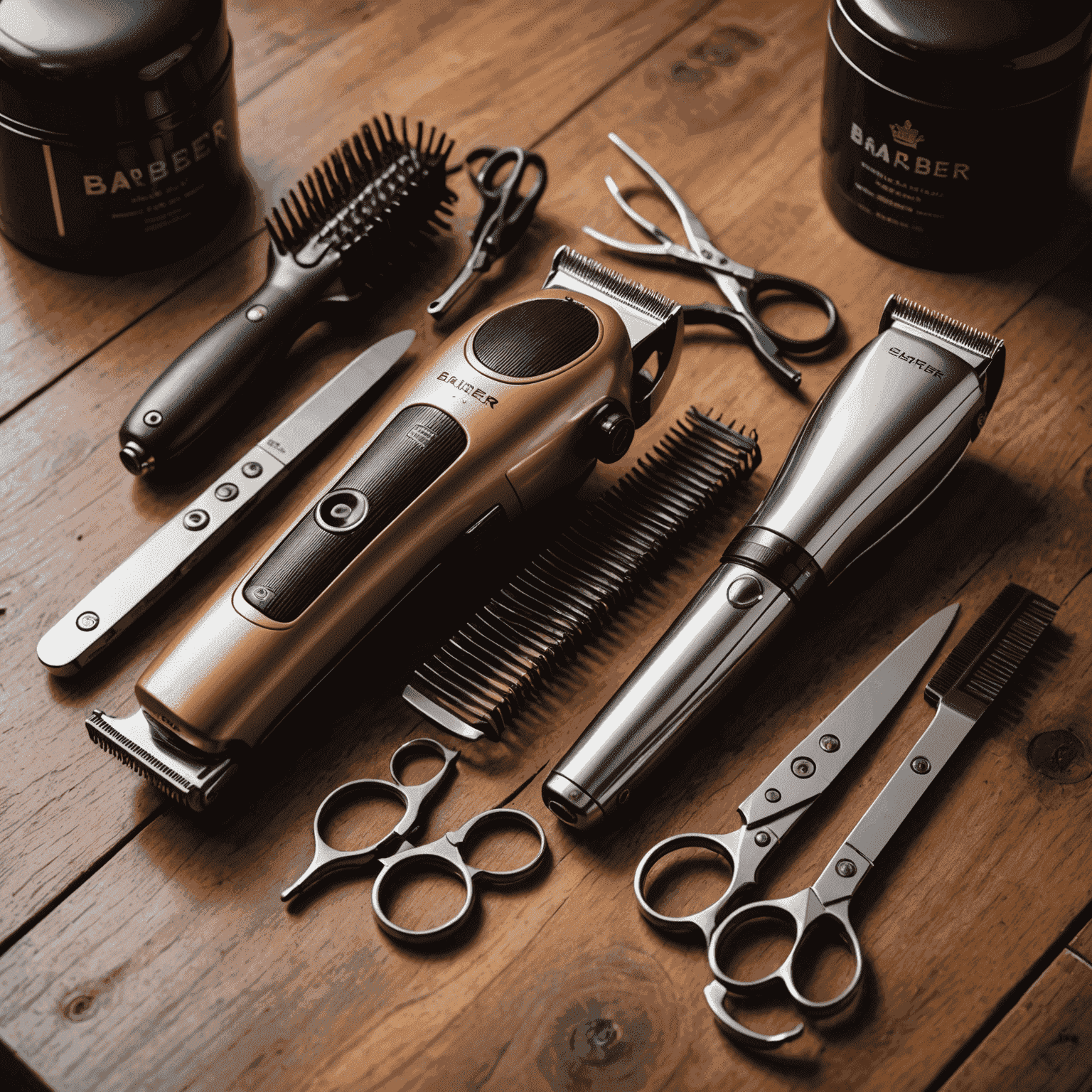 A sleek, modern set of barber tools including electric clippers, scissors, and combs arranged on a stylish wooden surface in a home setting