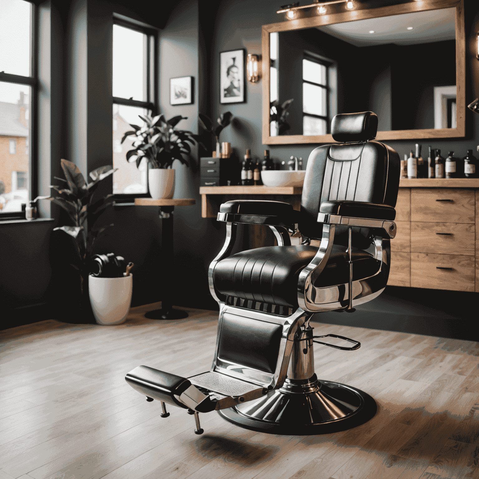 A stylish barber chair in a modern, minimalist home setting with sleek hair-cutting equipment nearby. The image showcases the concept of a professional barber service at home, emphasizing convenience and luxury.
