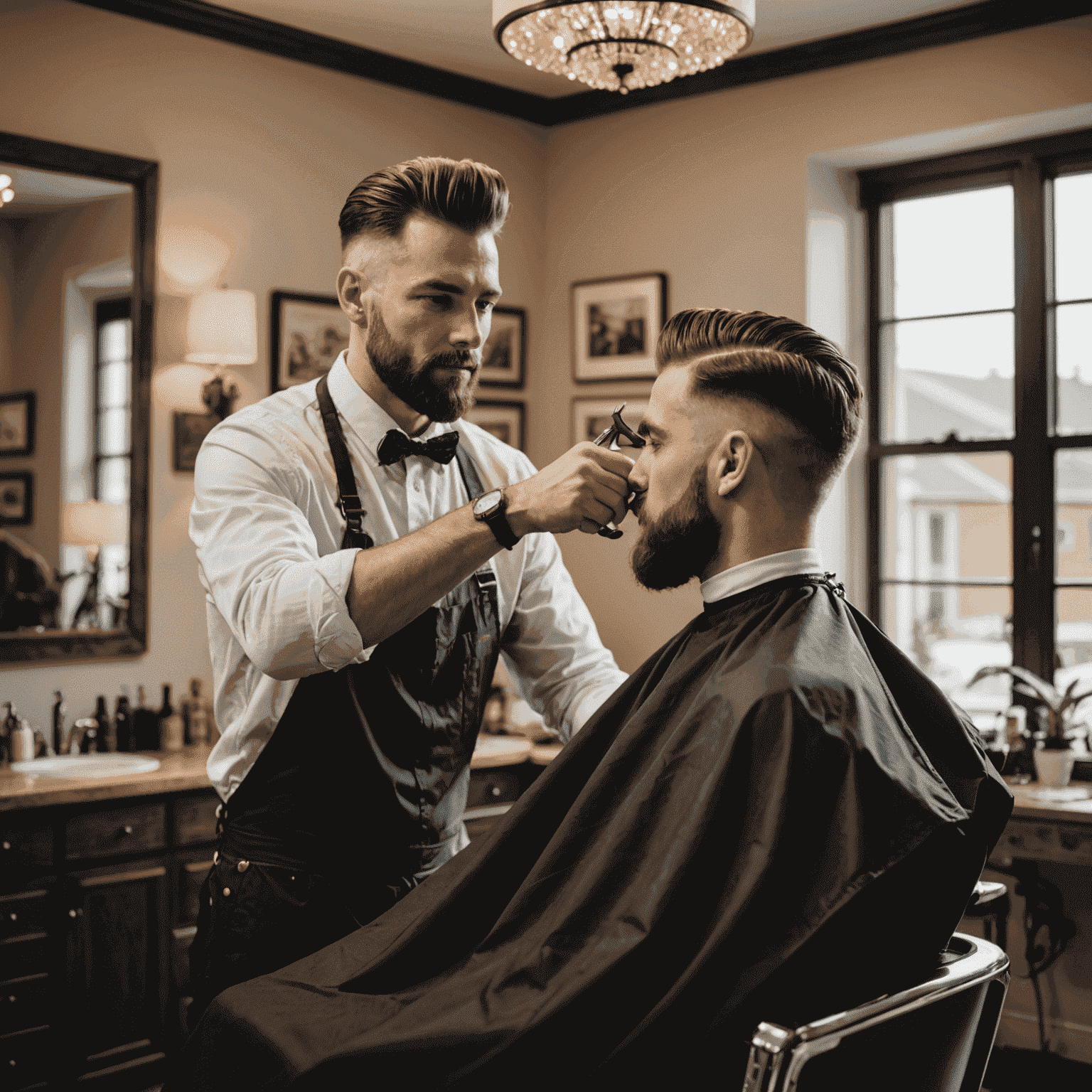 A professional barber cutting a client's hair in a stylish home setting, showcasing the convenience of at-home haircut services