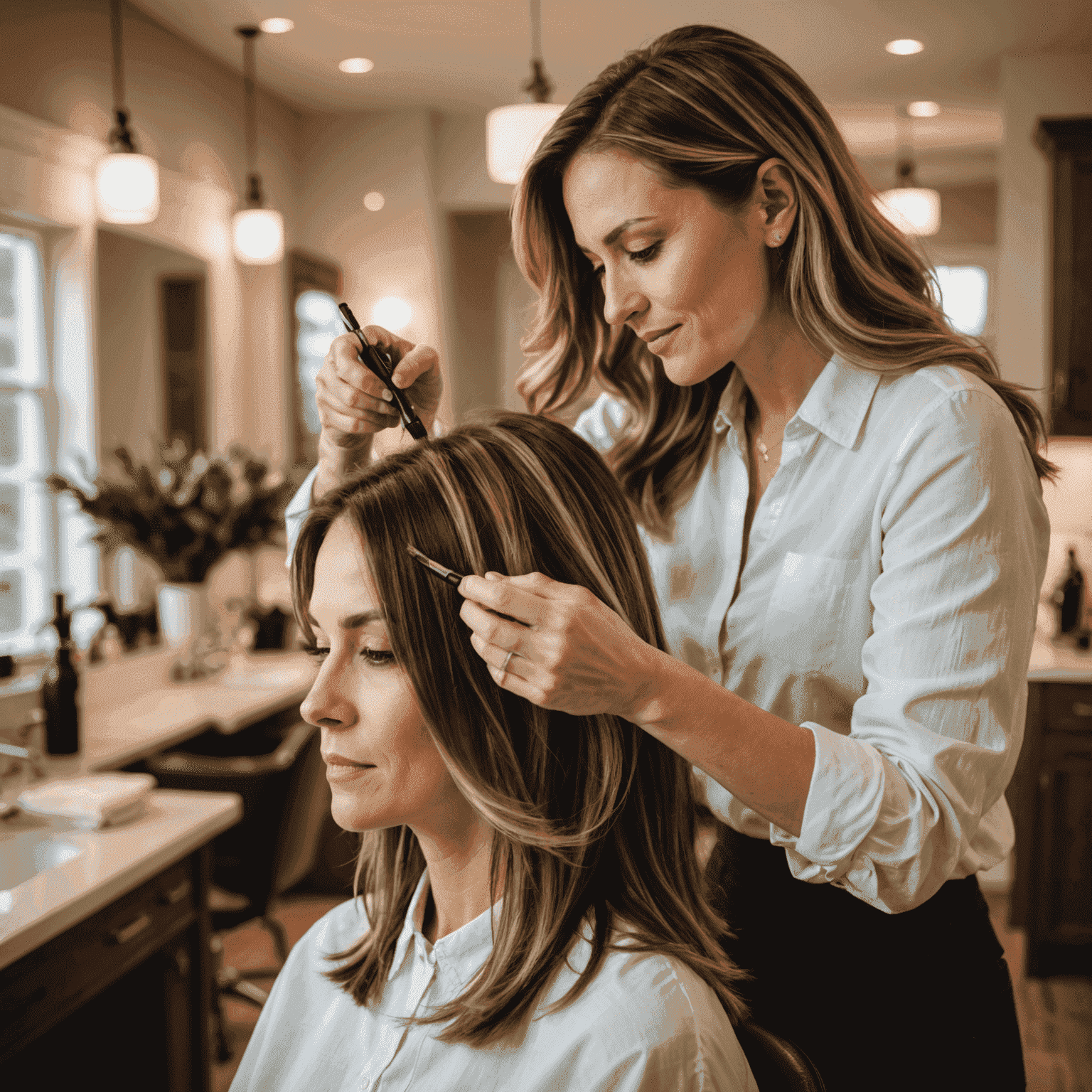 A stylist applying highlights to a client's hair in a well-lit home setting, showcasing the convenience of at-home coloring services