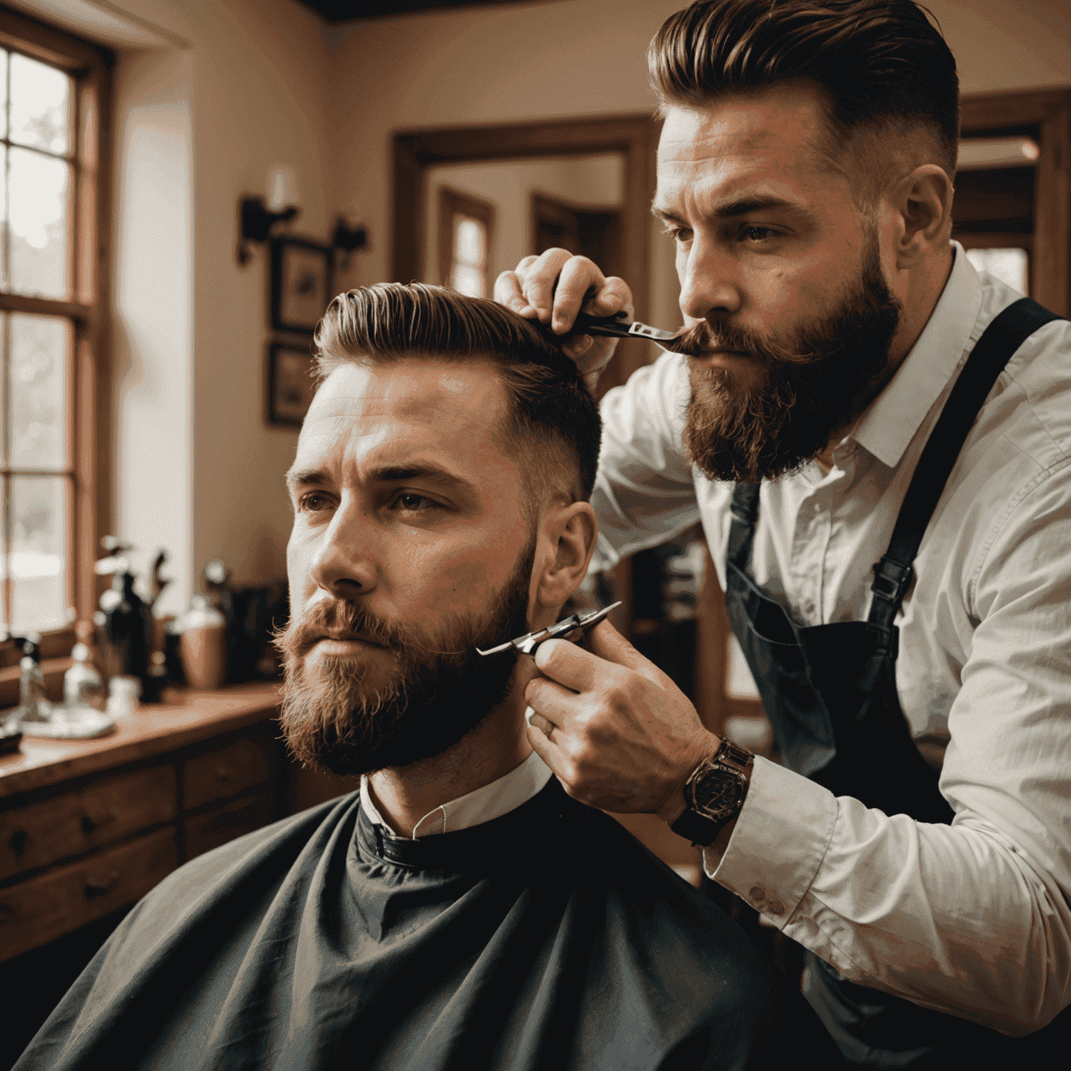 A barber carefully trimming a client's beard in a home setting, with professional grooming tools visible