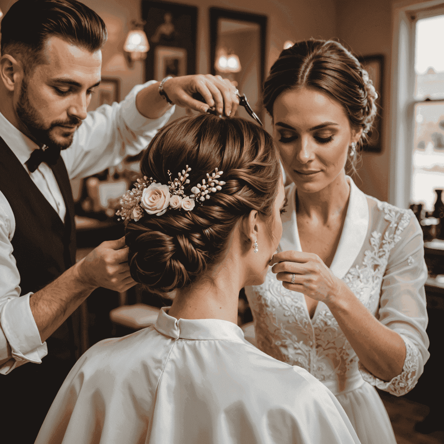 A barber styling a bride's hair for her wedding day, showcasing an elegant updo with floral accessories
