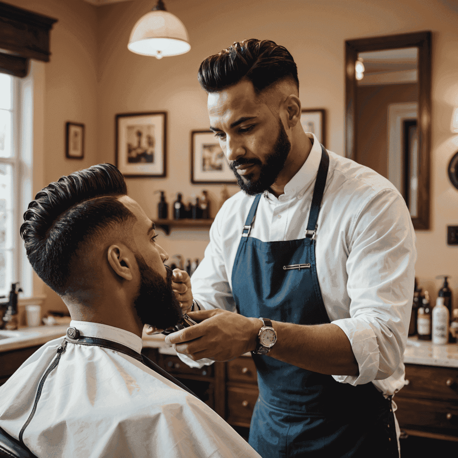 A professional barber consulting with a client in a home setting, discussing hair care needs and examining the client's hair texture