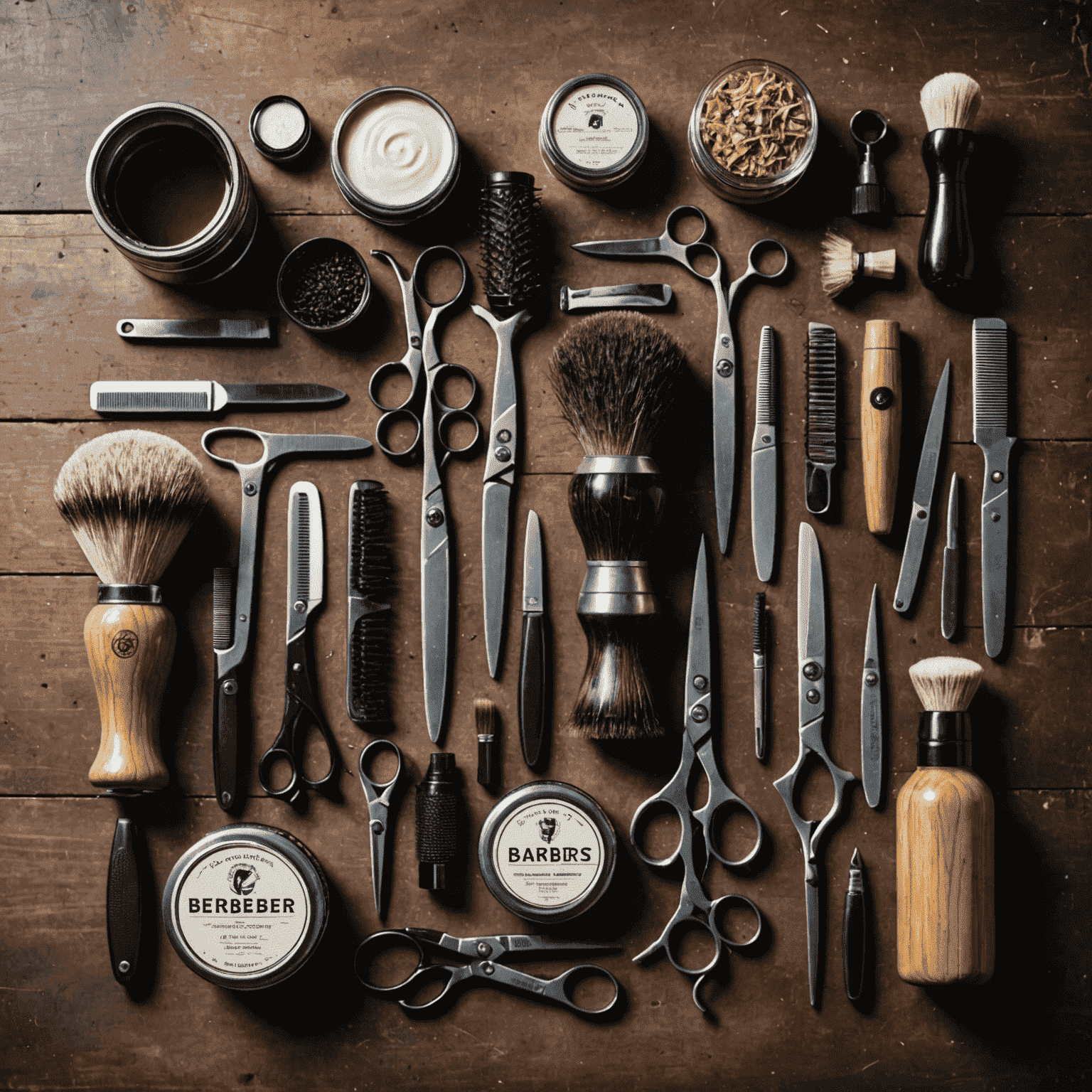 A collection of professional barber tools including scissors, clippers, and grooming products arranged in a stylish manner