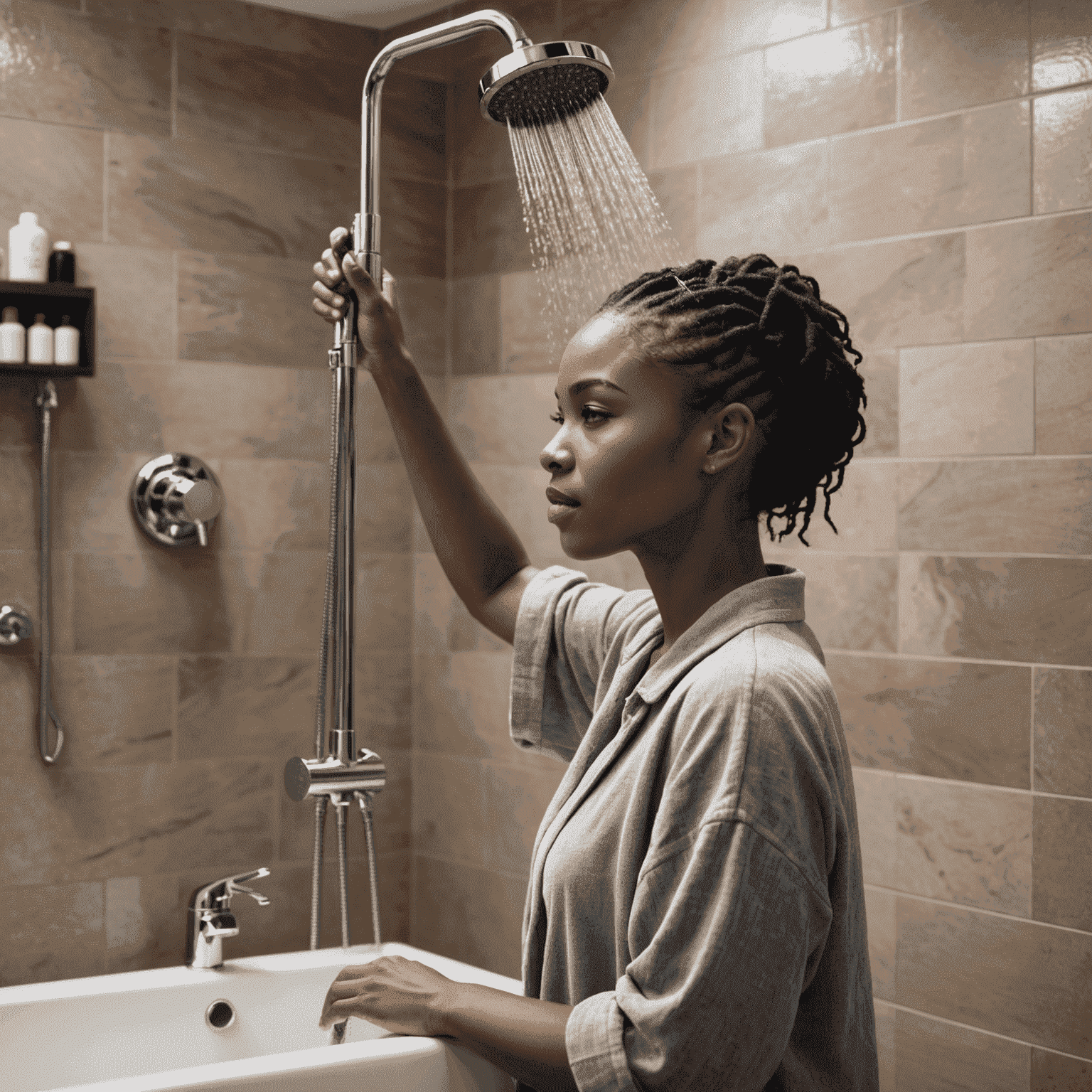 A person demonstrating proper hair washing technique in a sleek, modern shower with urban chic decor