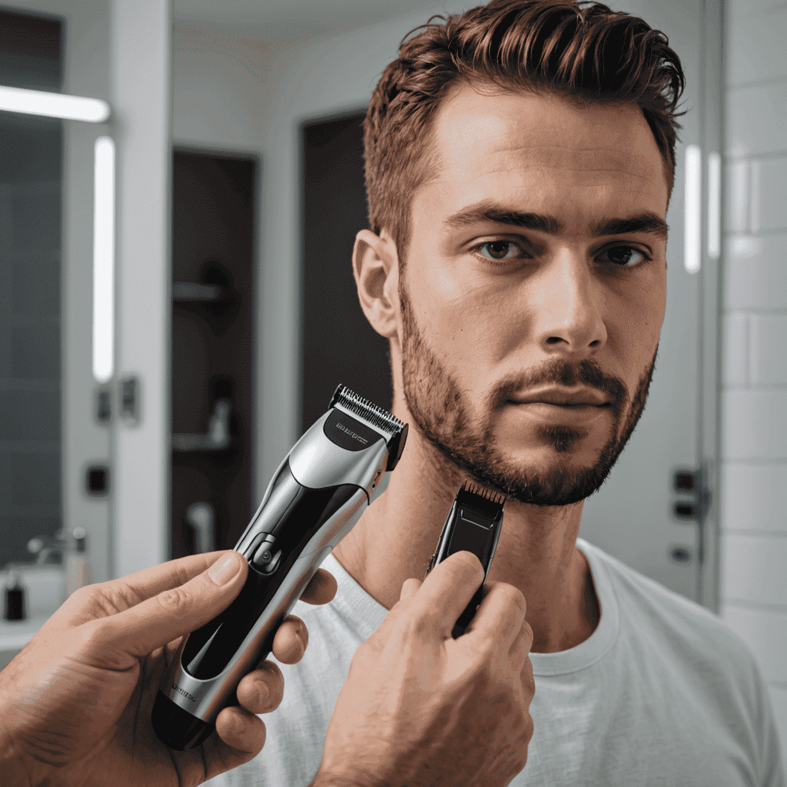 A person using smart clippers with a digital display to trim their hair in front of a bathroom mirror