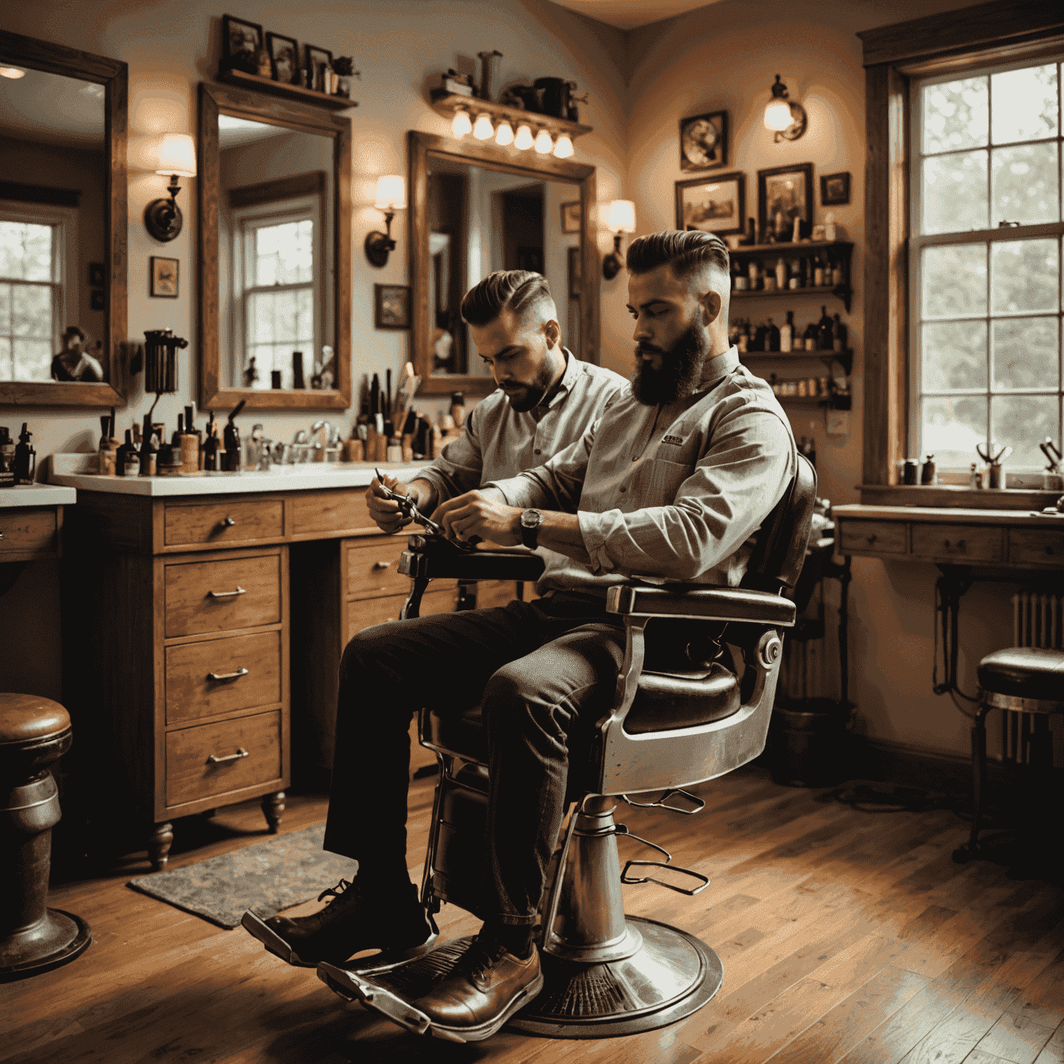 A barber performing a haircut in a client's home, showcasing various hair cutting tools and a comfortable, well-lit setting