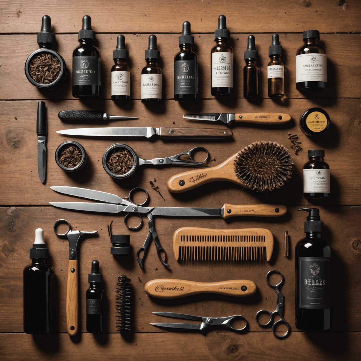 A collection of professional beard grooming tools including scissors, combs, and beard oils, arranged neatly on a wooden surface