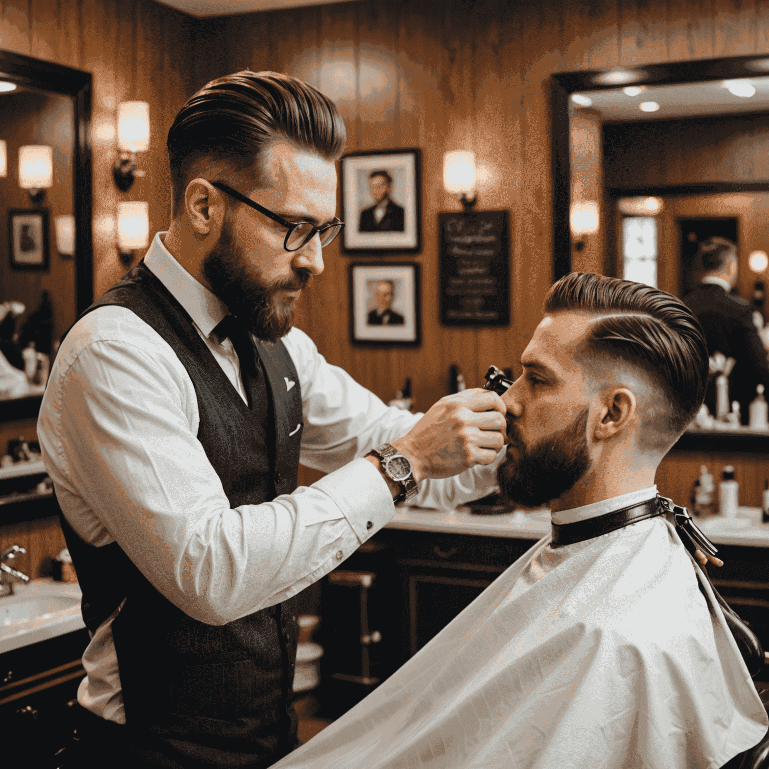A barber styling a man's hair for a formal event, focusing on a sleek and polished look