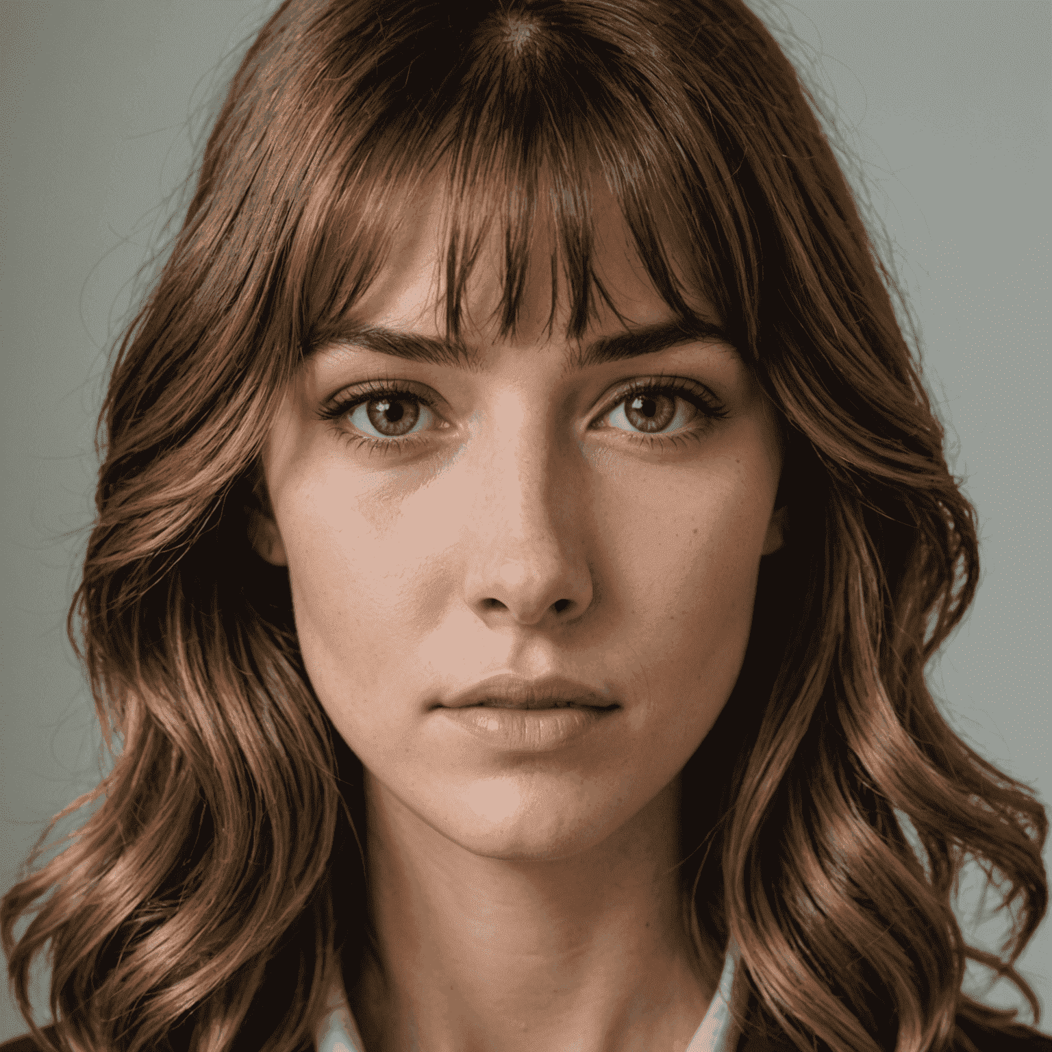 Close-up of a woman with curtain bangs, parted in the middle and framing her face