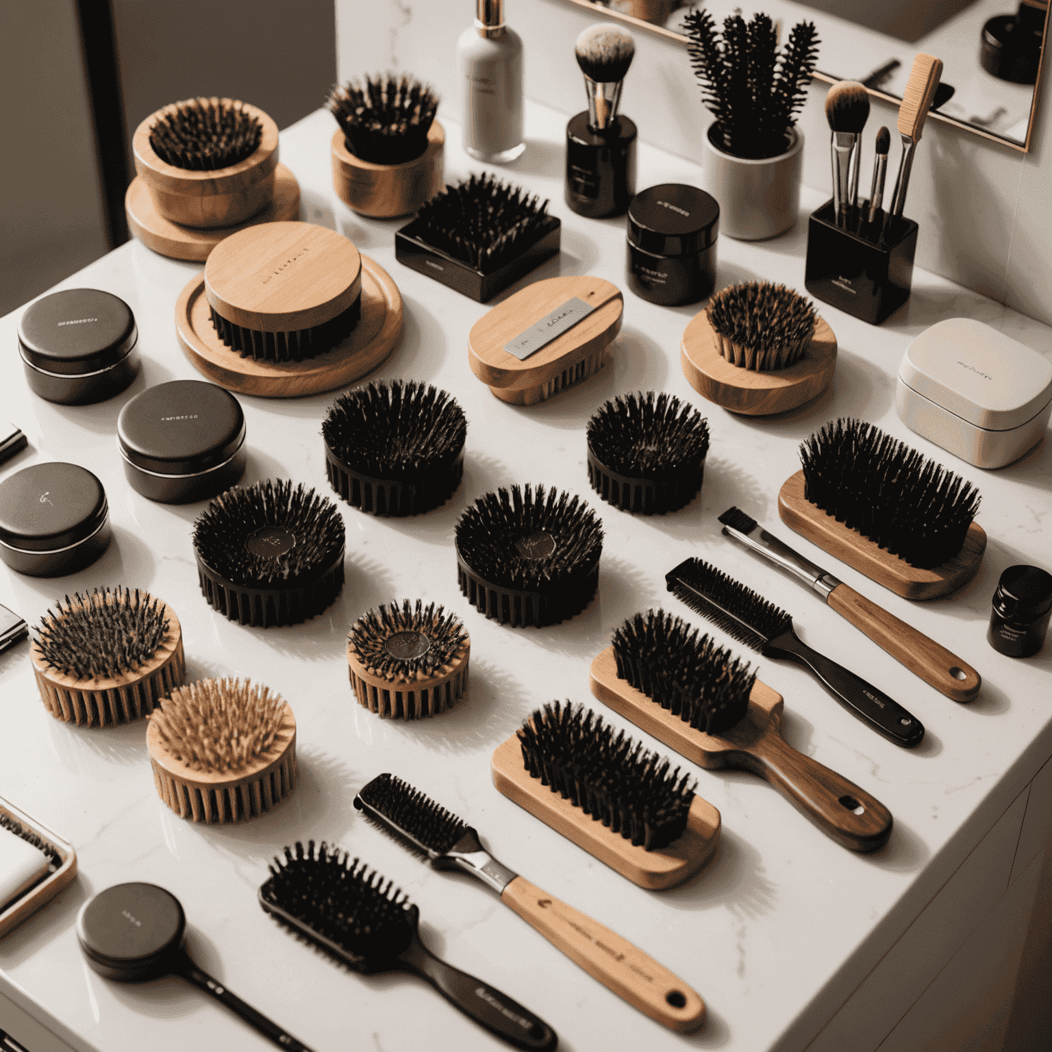 A collection of high-quality hair brushes and combs arranged on a stylish vanity in neutral tones