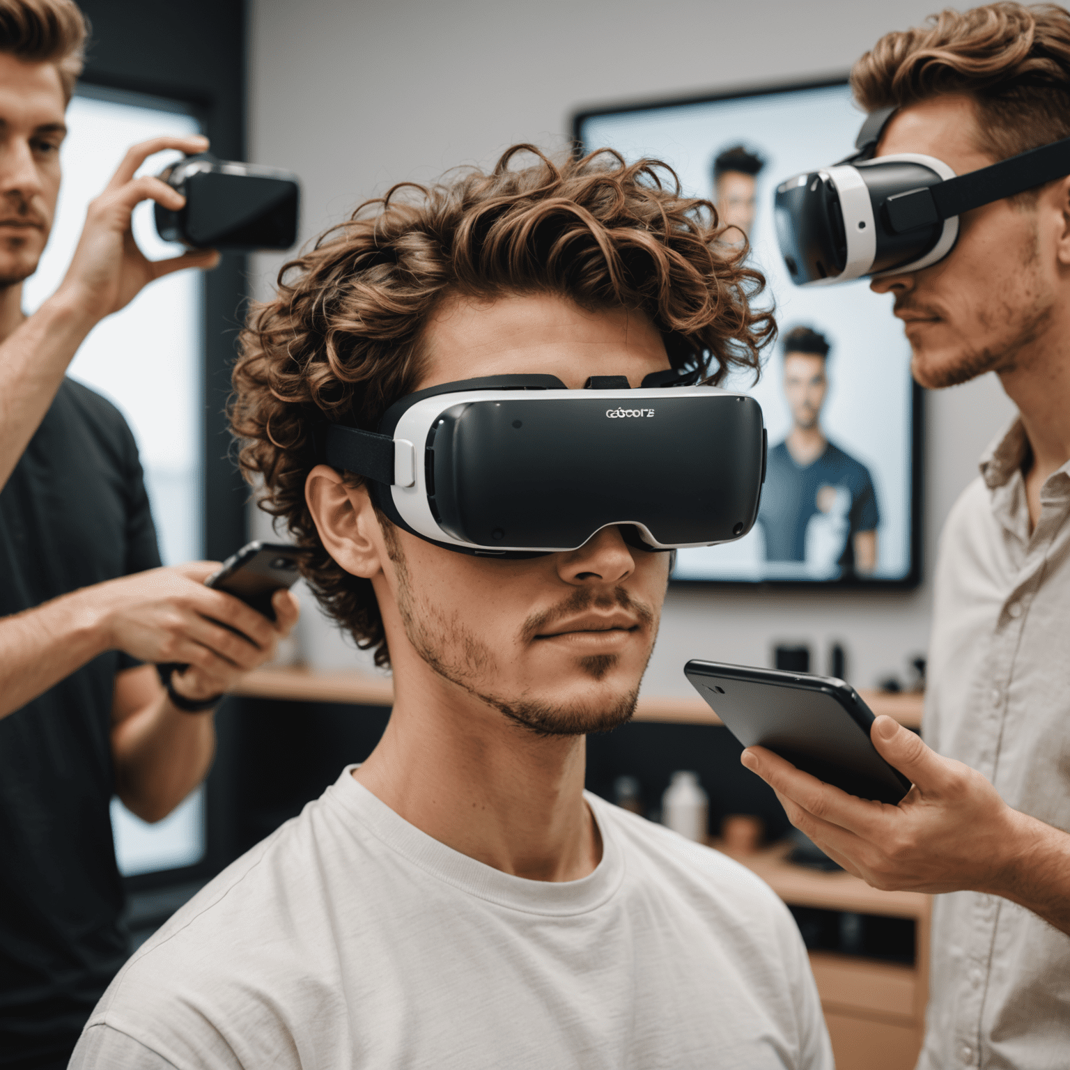 A person using a tablet with a virtual reality hairstyle preview app, showing different haircut options on their image