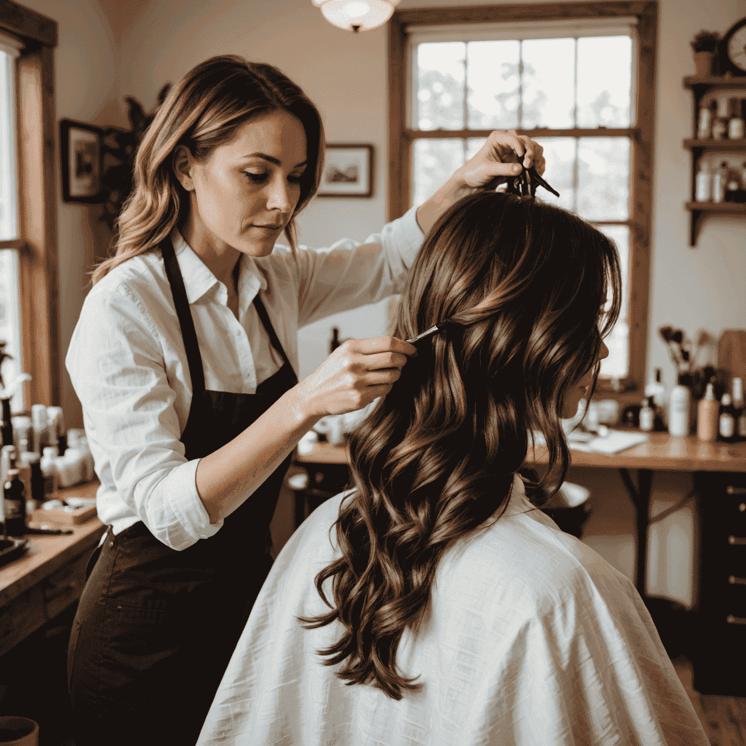A stylist applying hair color to a client in a home setting, with various hair dyes and styling products visible