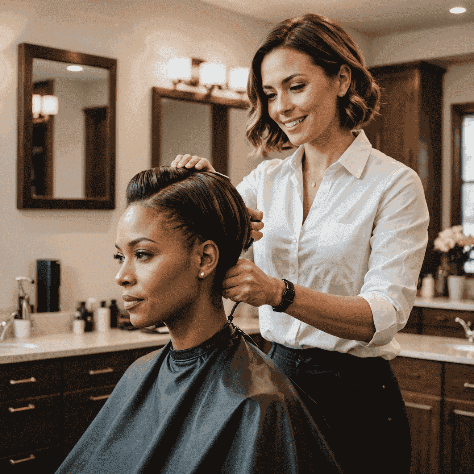 A woman receiving a haircut and styling at home, emphasizing the convenience and quality of mobile hair services
