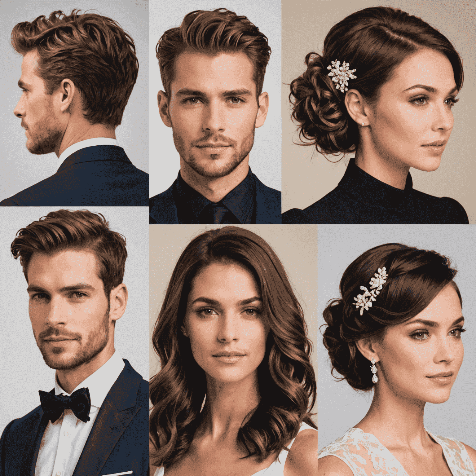 A collage of various special occasion hairstyles for men and women, showcasing the versatility of our at-home styling services