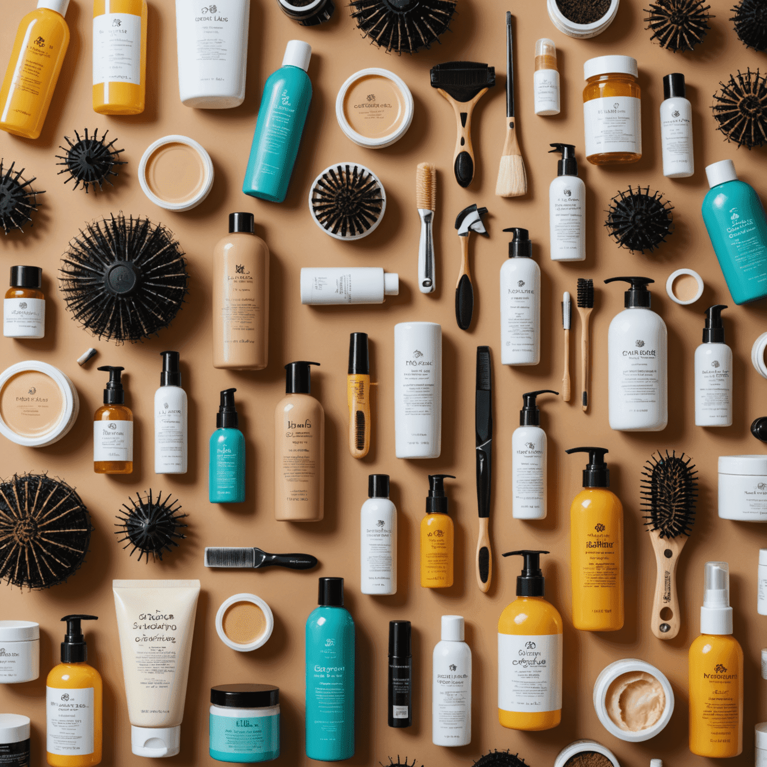 A collection of hair care products and tools arranged neatly, demonstrating various DIY hair care techniques