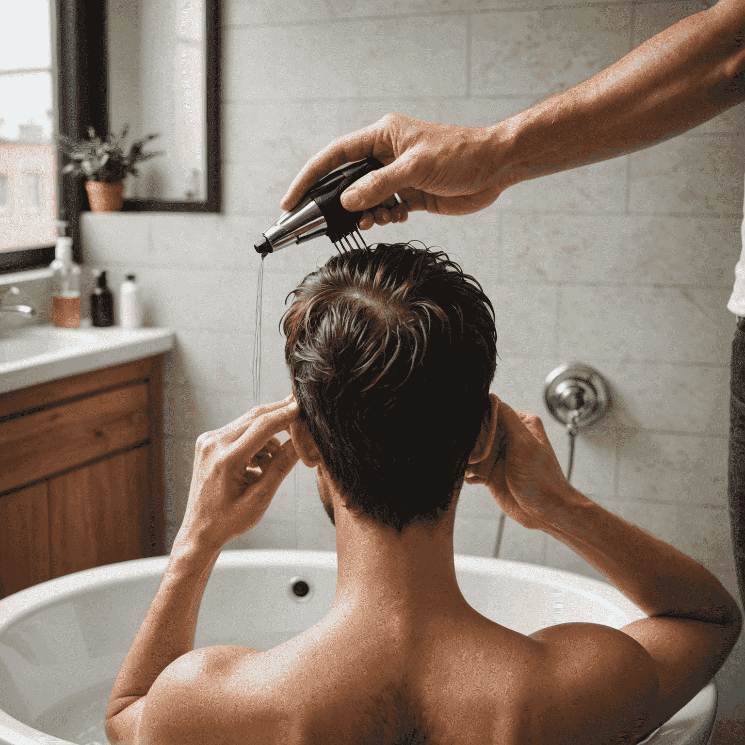 A person performing a scalp massage with a specialized tool in a minimalist, urban-style bathroom
