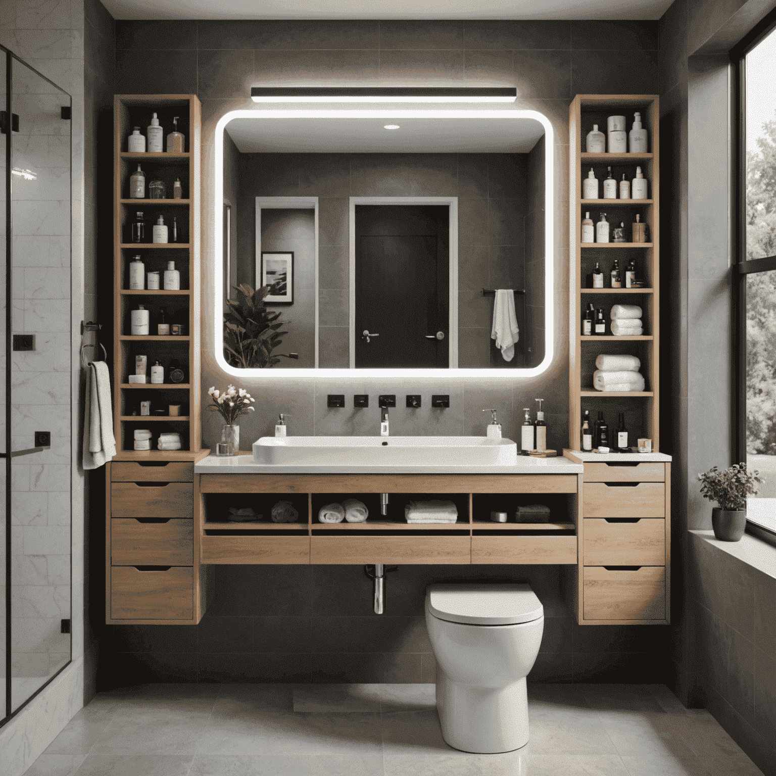 A sleek, compact all-in-one grooming station with integrated mirror, lighting, and storage compartments set up in a modern home bathroom