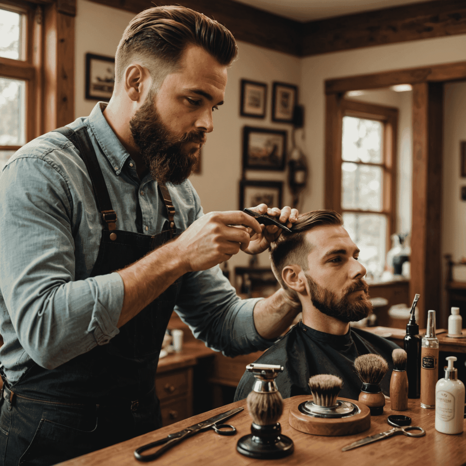 A barber trimming and shaping a client's beard in a home environment, with various beard grooming tools displayed