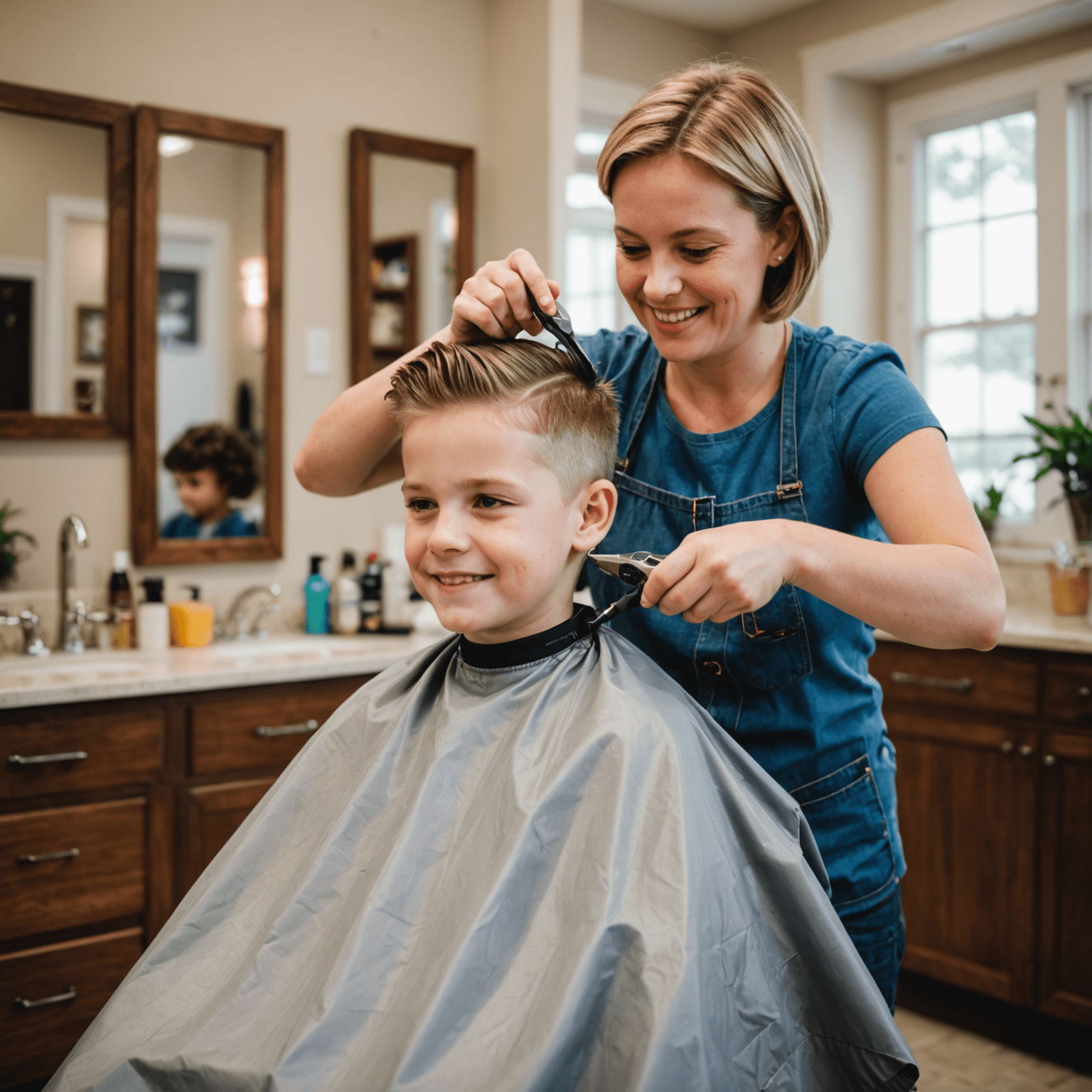 A child getting a fun and friendly haircut at home, showing the comfort and ease of in-home services for kids