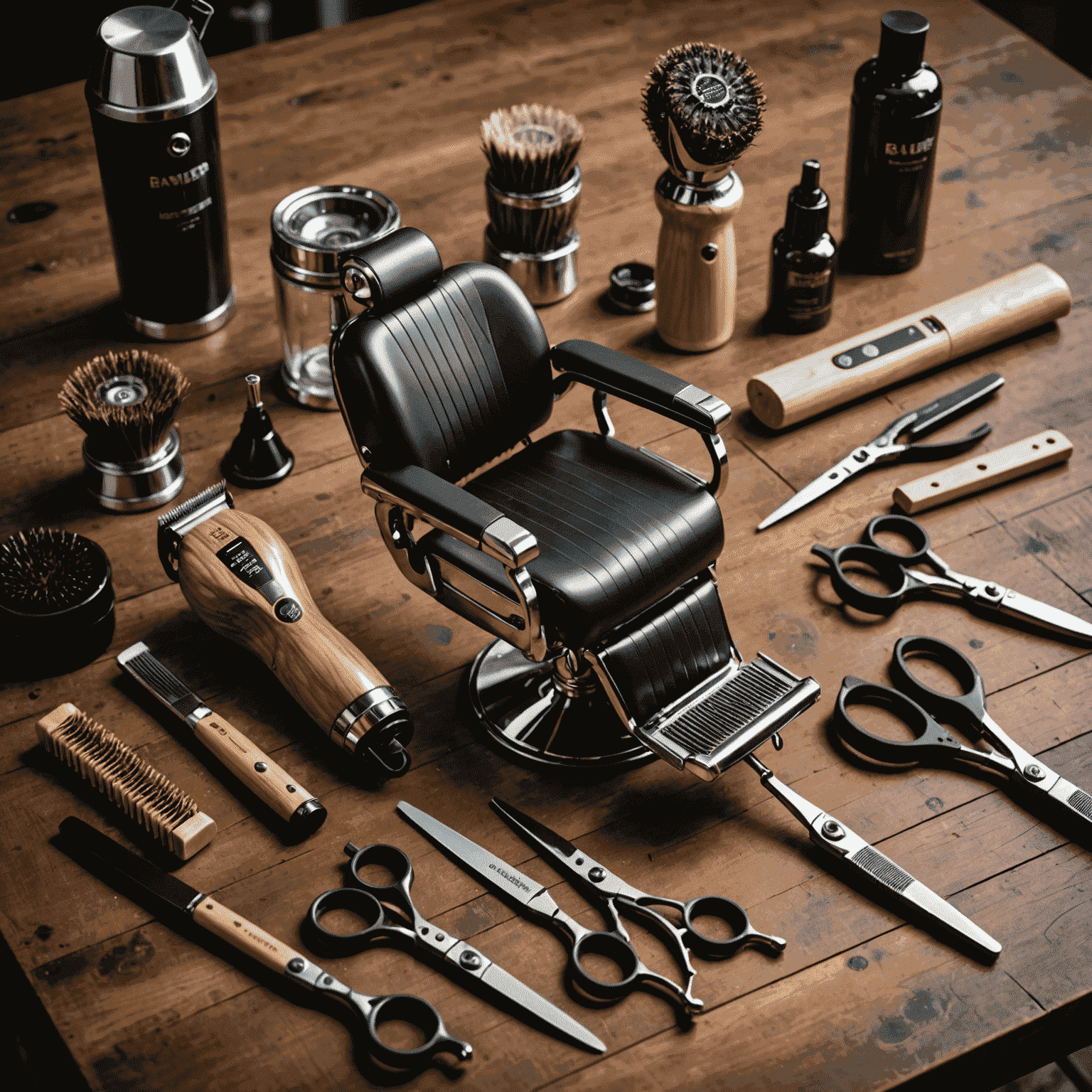 An array of modern, innovative barber tools and equipment suitable for at-home use, including high-tech trimmers and scissors