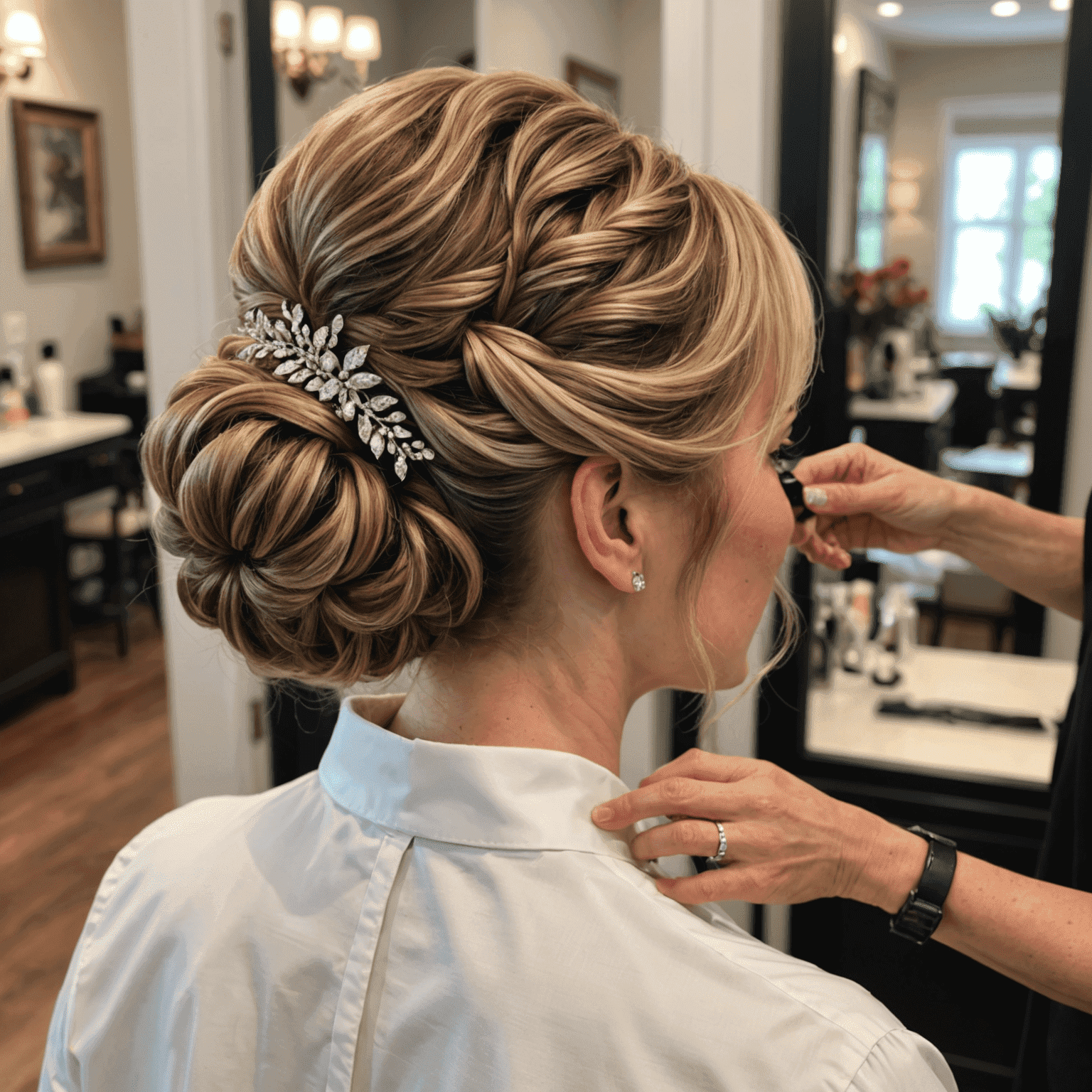 A stylist creating an elegant updo for a client in a home setting, with formal wear and accessories visible