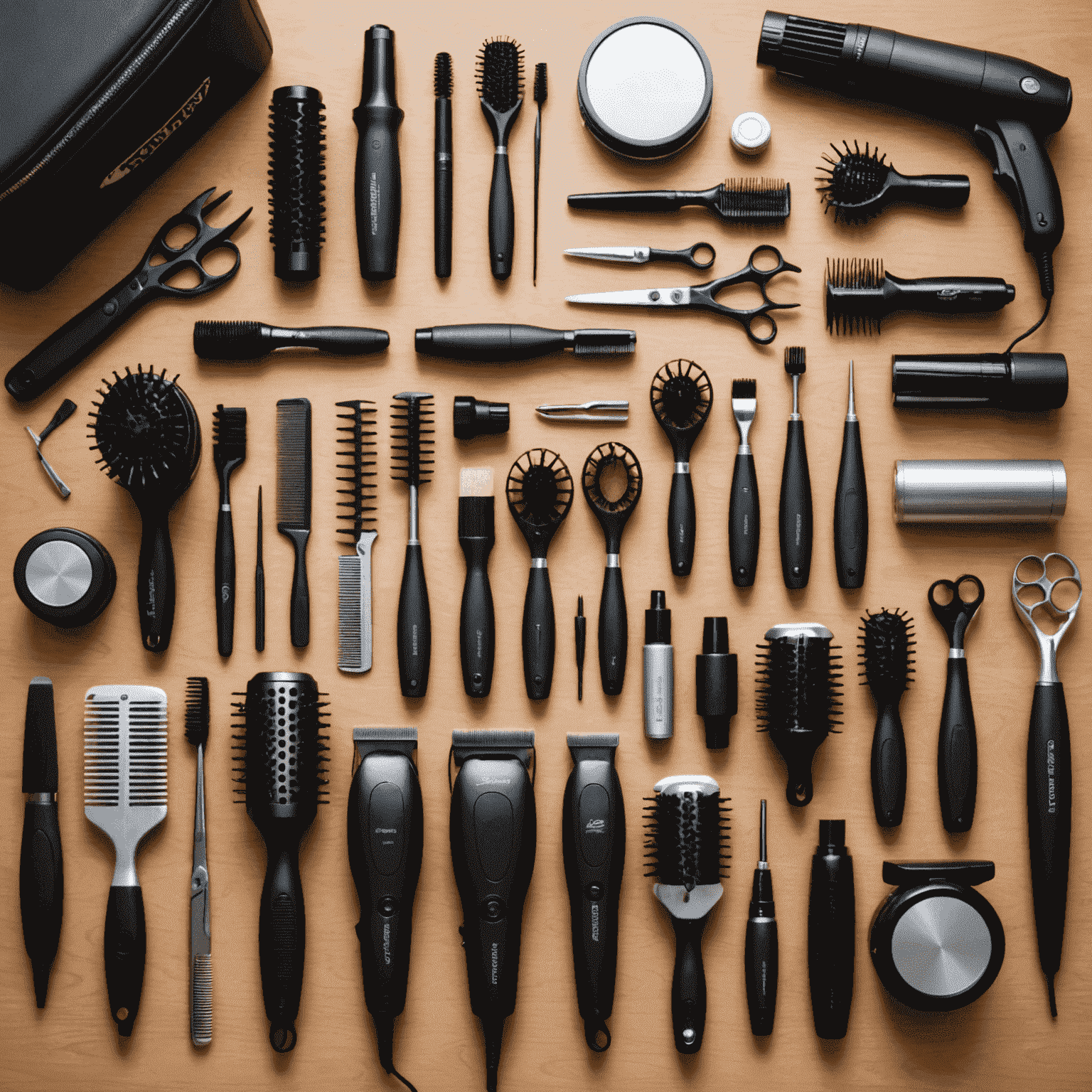 A collection of professional hair styling tools and products arranged in a home setting, illustrating the quality equipment used for in-home services