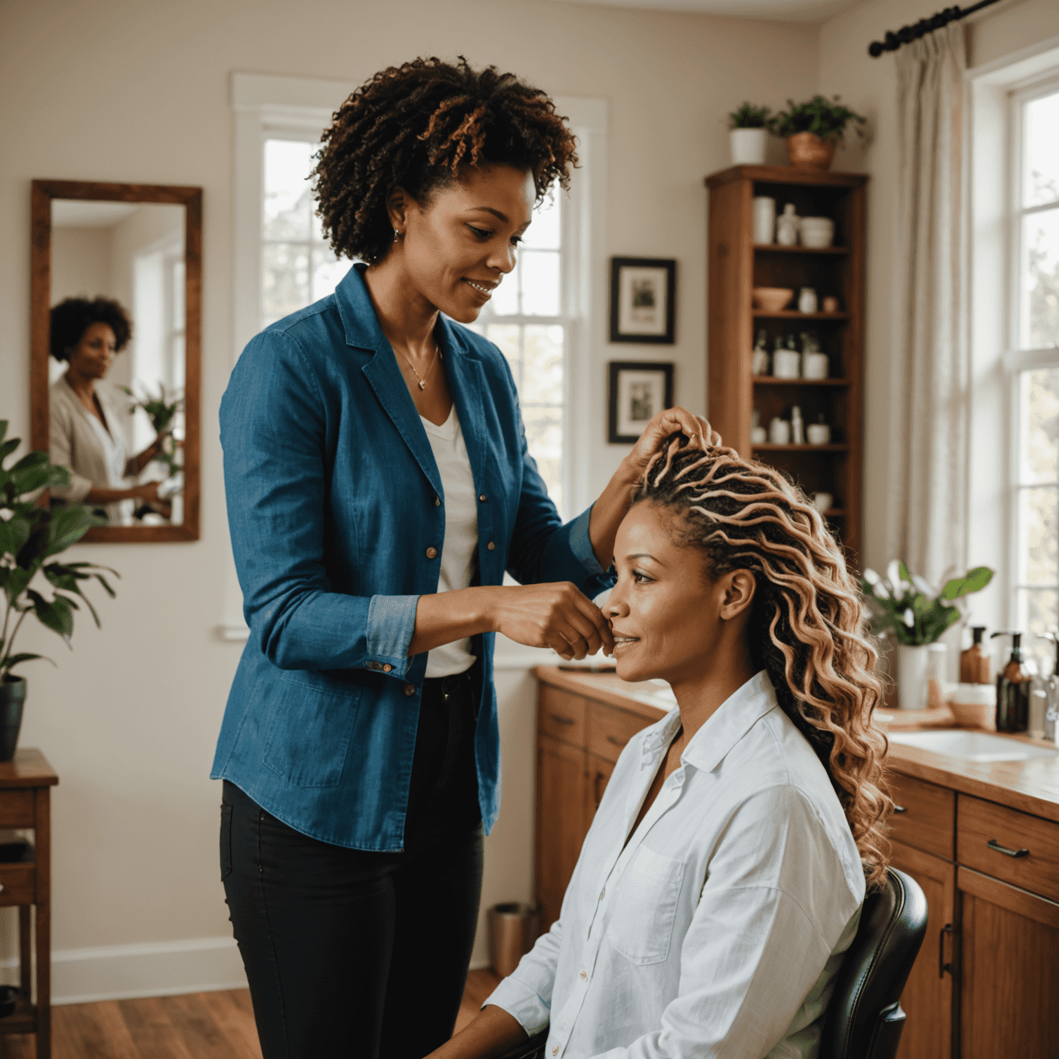 A stylist examining a client's hair and discussing care routines in a comfortable home environment
