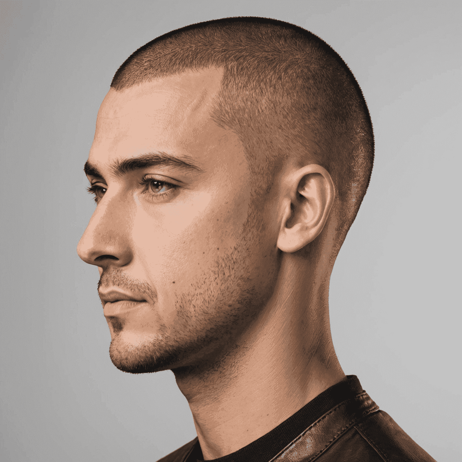 Man with a buzz cut featuring a simple geometric design on the side