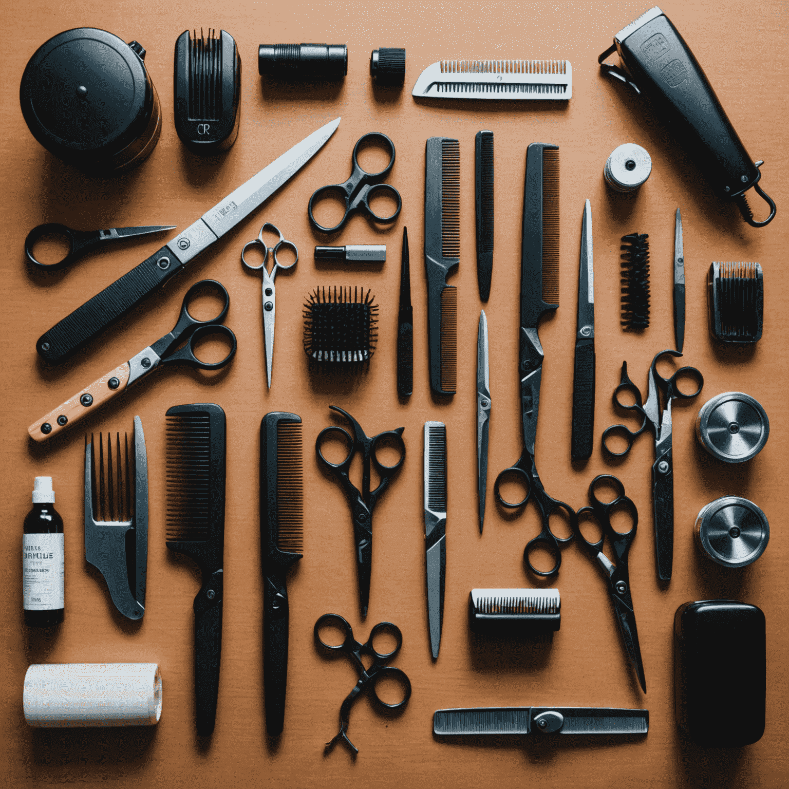 Flatlay of professional hair-cutting tools including scissors, clippers, combs, and styling products on a sleek surface